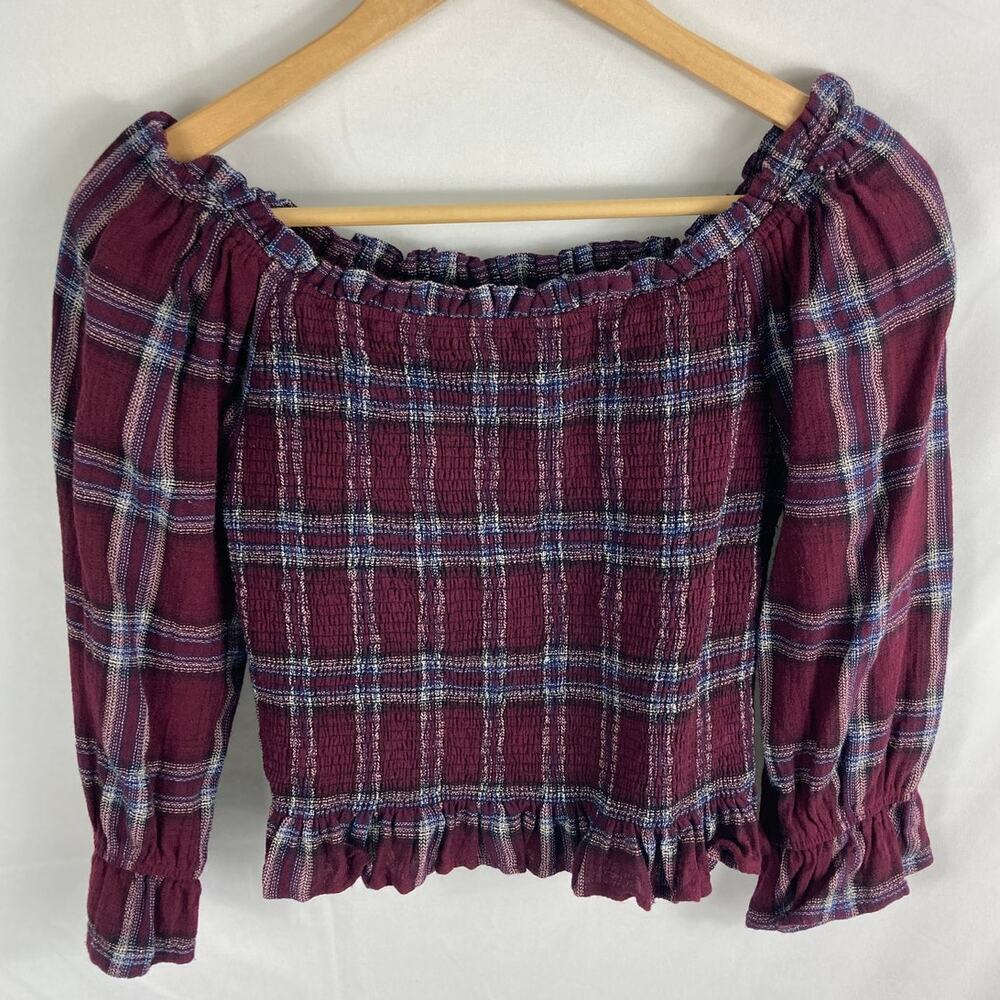 Moon River Plaid Purple Smocked Off Shoulder Crop Top Size Medium